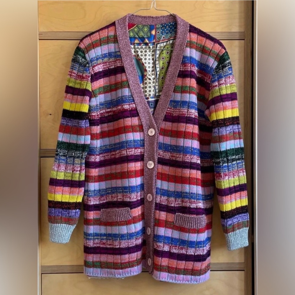 Authentic Gucci Multicolor Lurex Knit & Silk Reversible Button Front Cardigan XL